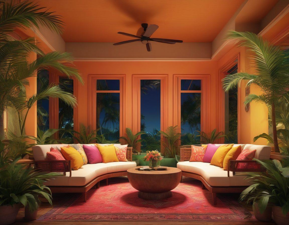 A vibrant and colorful illustration showcasing an elegant and relaxed setting for watching Indonesian adult entertainment. Include plush seating, soft lighting, and rich textiles that reflect Indonesian culture, along with a subtle backdrop of palm trees and tropical flowers. Elements of joy and pleasure should be symbolized through smiling faces and warm interactions. Capture the essence of bliss and indulgence in the scene. 3D. vibrant colors.