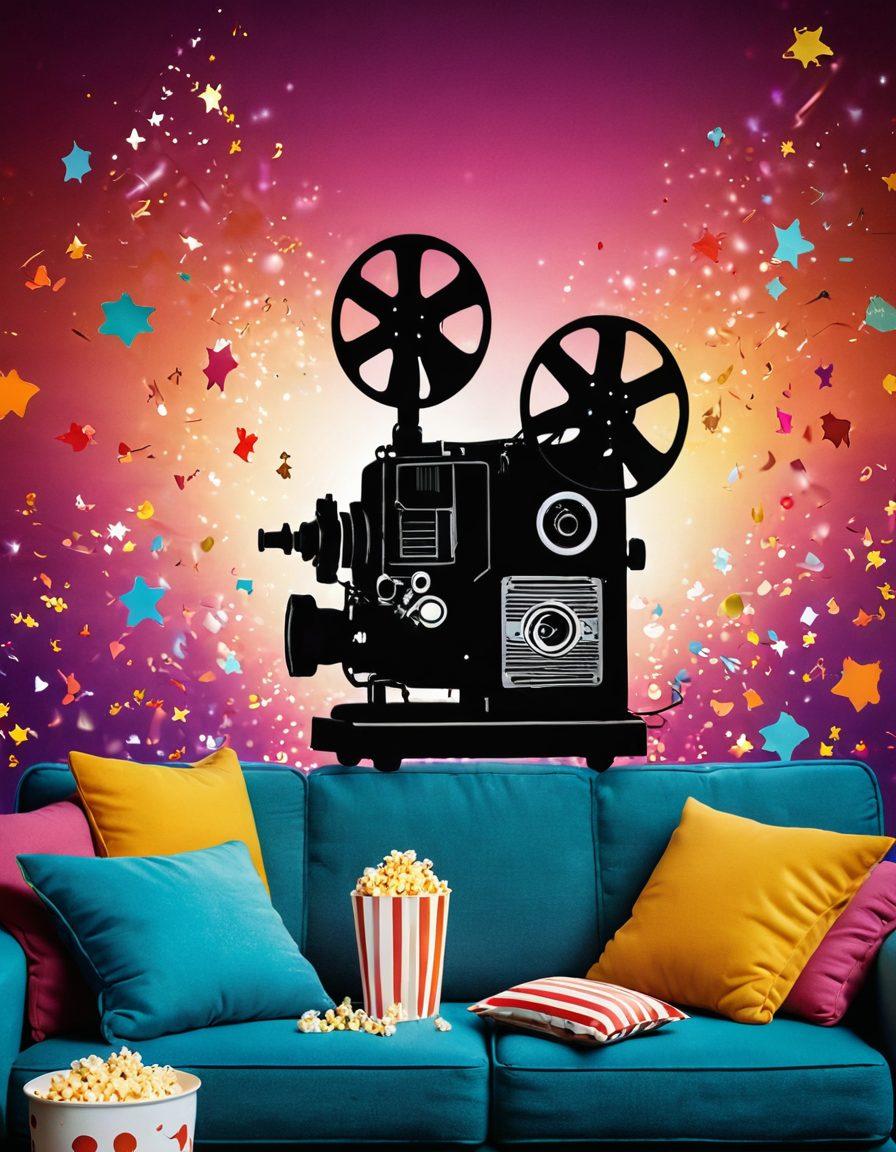 A whimsical scene featuring a vintage film projector casting bright, colorful silhouettes of playful characters dancing and laughing on a colorful wall. The setting is cozy with plush cushions and popcorn scattered around, creating a sense of delight and adventure. Incorporate whimsical elements like swirling confetti and soft, glowing fairy lights in the background. vibrant colors. playful illustration.